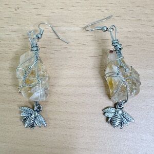 Silver Yellow Citrine Wire-Wrapped Honey Bee Charm Earrings Insect Jewelry